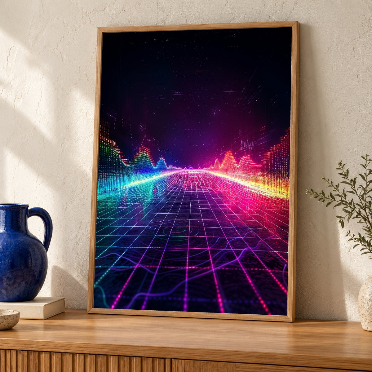 Retro Synthwave Art, Neon Cyberpunk Grid Poster, Gamer Gift — oak frame room mockup