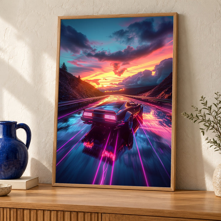 Retro Wall Art, 80s Synthwave Sports Car, Neon Sunset Print