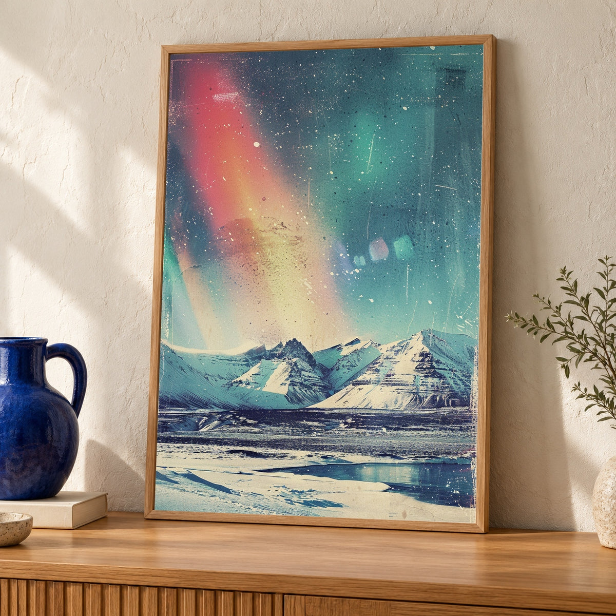 Retro Travel Poster, Iceland Northern Lights Print, Snowy Mountains — oak frame room mockup
