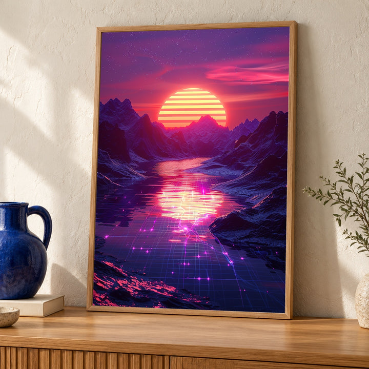 Retro Synthwave Art, Neon Sunset Grid Landscape Print