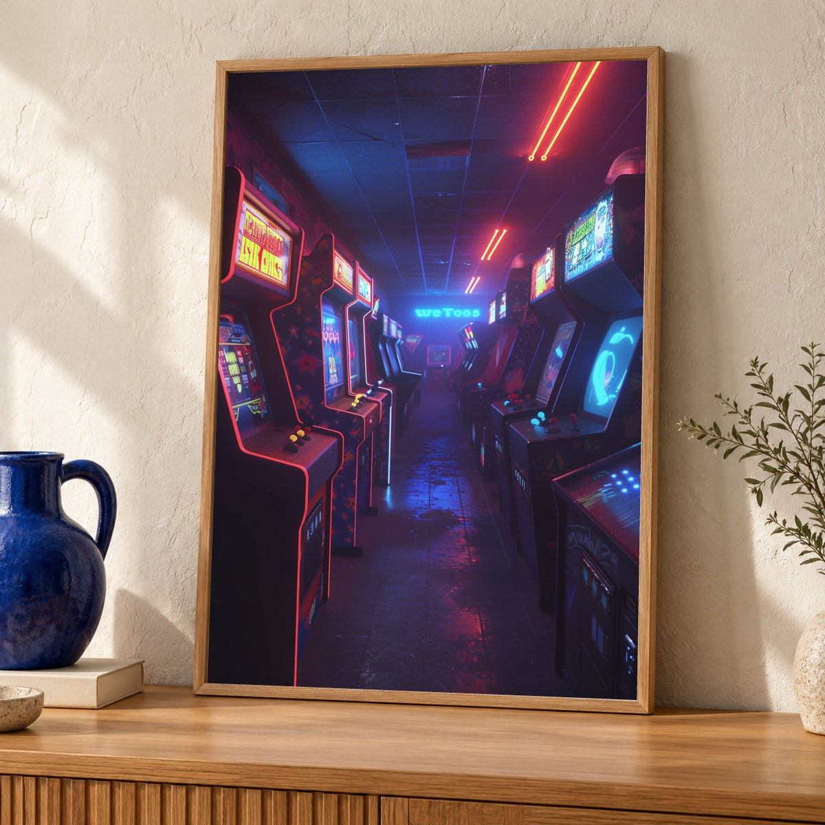 Retro Arcade Hall Art, 1980s Neon Gaming Room Print — oak frame room mockup