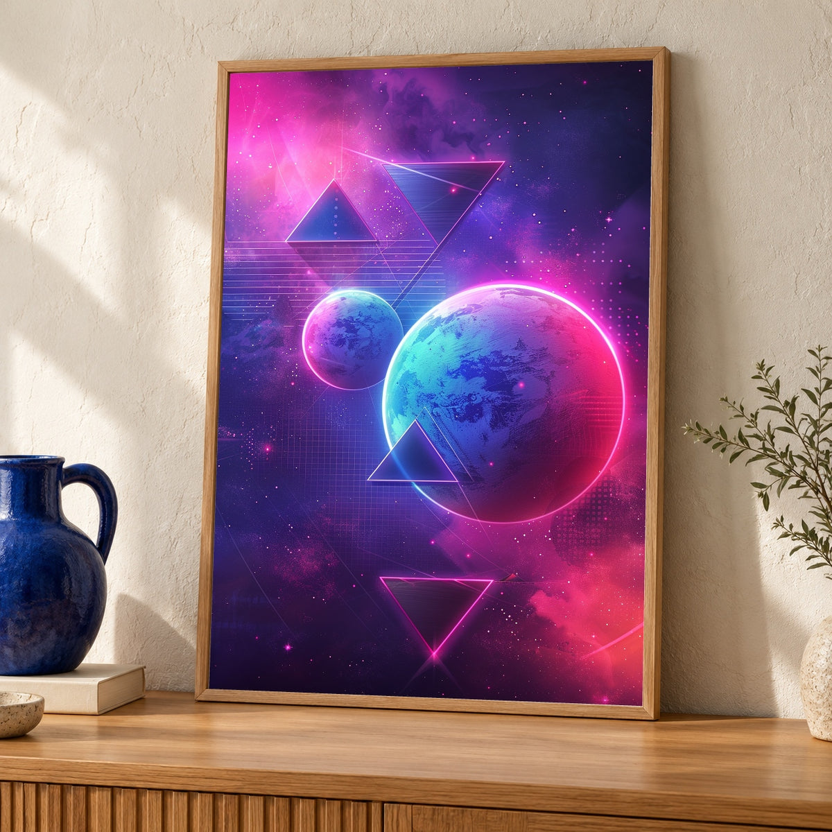 Synthwave Neon Art, 80s Geometric Space Print, Retro Vaporwave Poster — oak frame room mockup