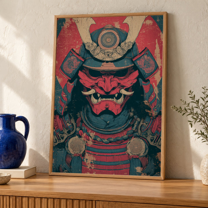Oni Mask Samurai Poster, Dark Japanese Warrior Wall Art, Red Demon Mask Retro Samurai Illustration Gloss Print