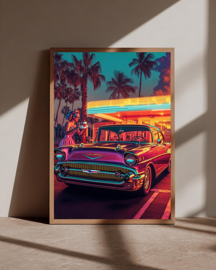 Retro Wall Art, 1957 Chevy Bel Air Neon Diner Print