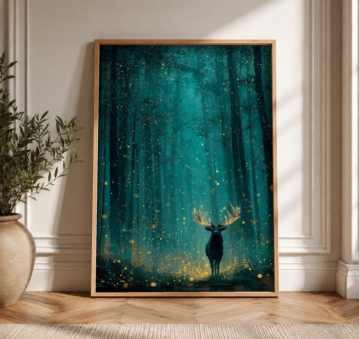 Firefly Forest Art, Enchanted Stag Print, Mystical Woodland Decor