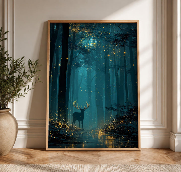 Firefly Forest Art, Enchanted Stag Print, Mystical Woodland Decor