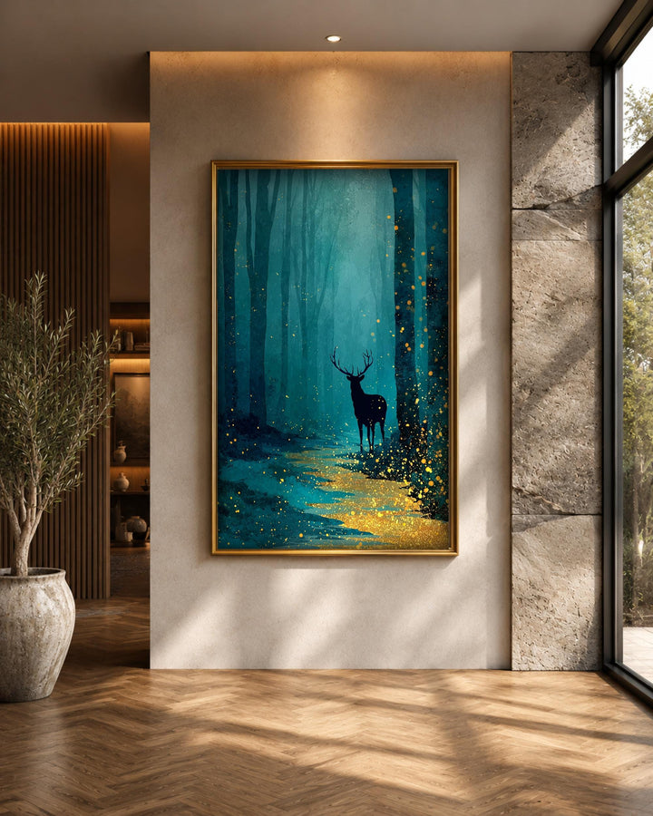 Firefly Forest Art, Enchanted Stag Print, Woodland Wall Decor