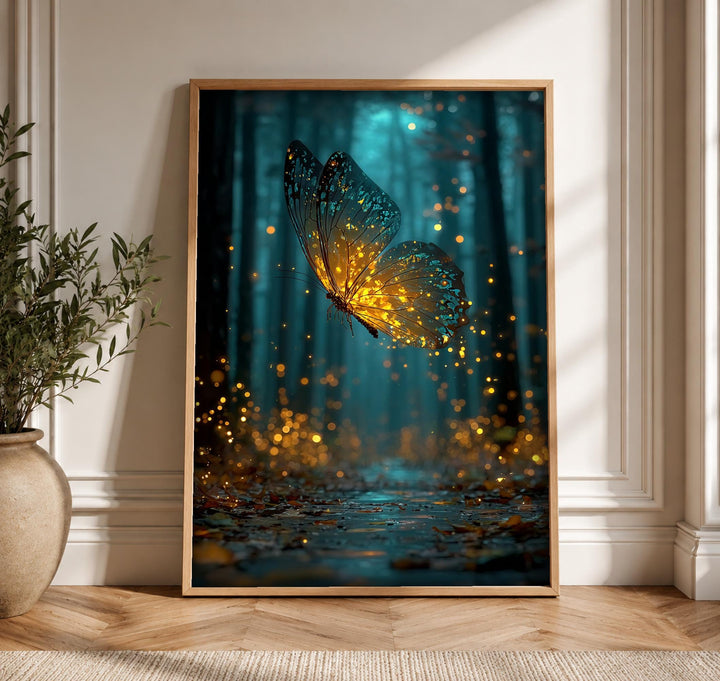 Enchanted Forest Art, Glowing Butterfly Print, Firefly Woodland Decor
