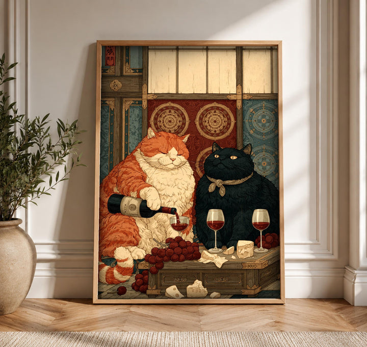 Japanese Cat Art, Ukiyo-e Wine Print, Edo Style Decor