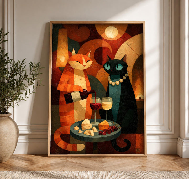 black cat wall art, Enchanted Feline Wine Night