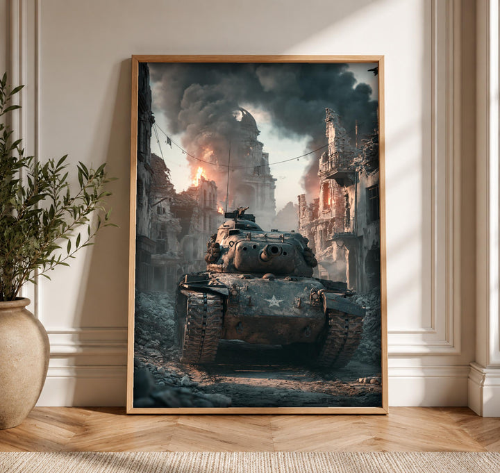 WWII Poster, Sherman Tank Urban Combat, Man Cave Decor