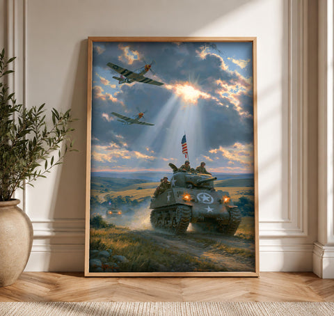 WWII Poster, Sherman Tank American Flag, Man Cave Decor