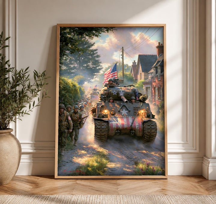 WWII Wall Art, American Sherman Tank Print, Patriotic Decor