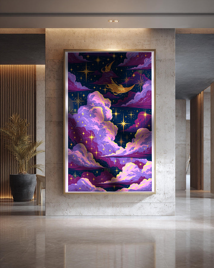 Celestial Night Sky Art, Mystical Cloud Star Print