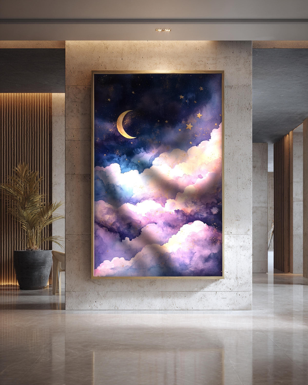 Celestial Star Map, Moonlit Night Sky Watercolour