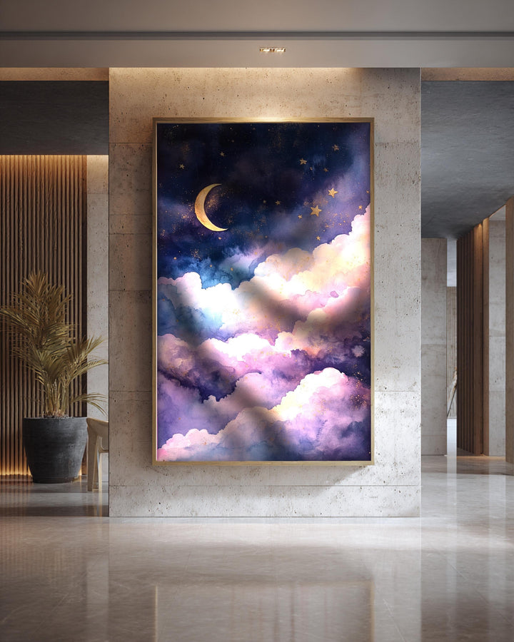 Celestial Star Map, Moonlit Night Sky Watercolour