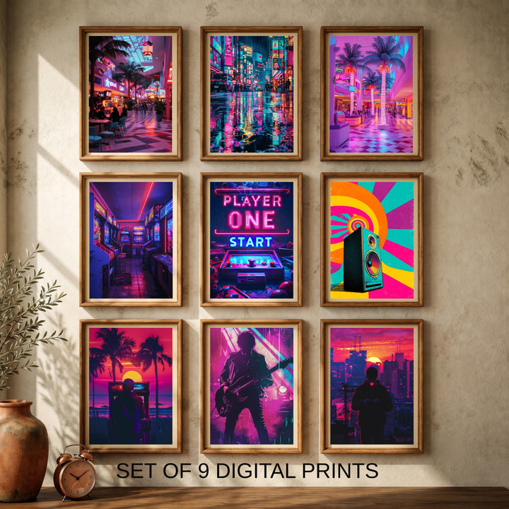 Retro Wall Art, Synthwave Neon Arcade Bundle, 80s Print