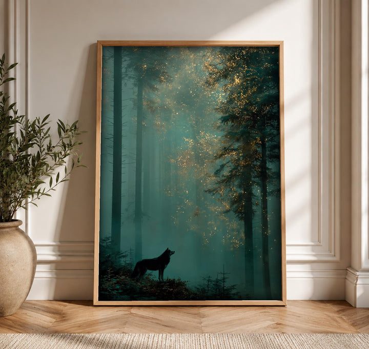 Magical Forest Art, Lone Wolf Silhouette Print, Firefly Woodland