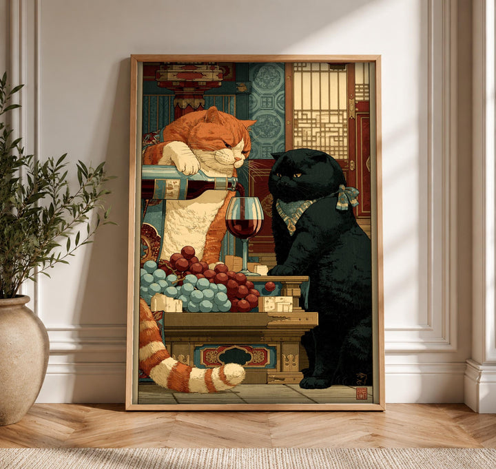 Black Cat Wall Art, Oriental Banquet Scene, Funny Poster