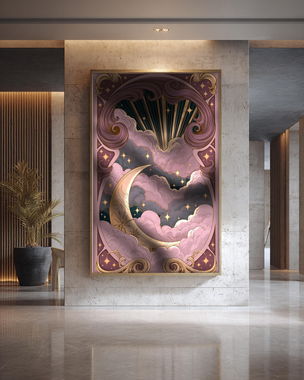 Celestial Moon Art, Crescent Night Sky Print, Stars Clouds