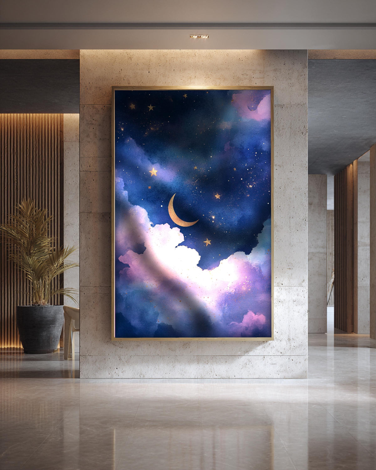 Celestial Night Sky Art, Crescent Moon Stars Print