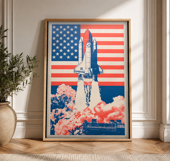 Patriotic Wall Art, Space Shuttle Launch, American Flag Print