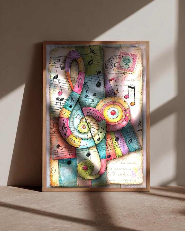 Retro Wall Art, Music Collage Print, Treble Clef Poster
