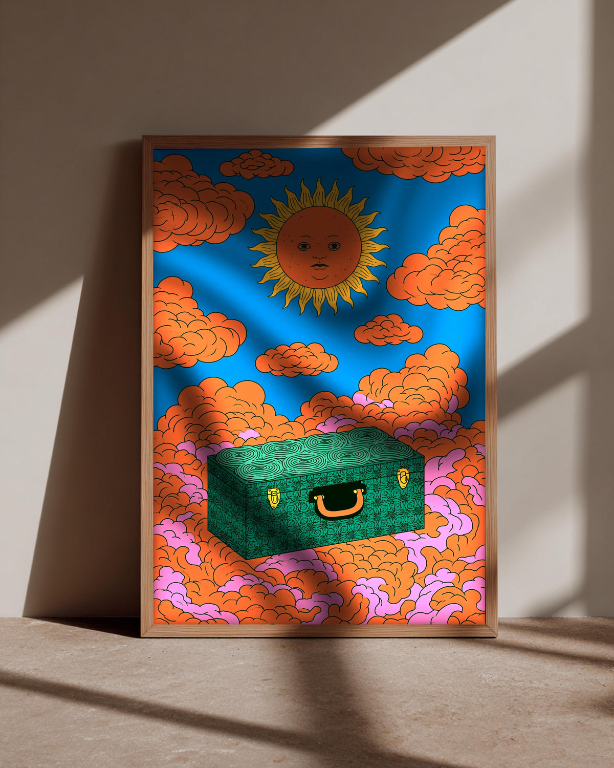 Retro Wall Art, Psychedelic Sun Print, Celestial Clouds Trunk