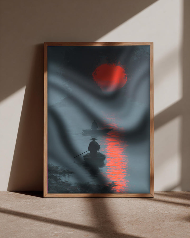 Asian River Art, Ancient Chinese Fishermen, Misty Ink Decor