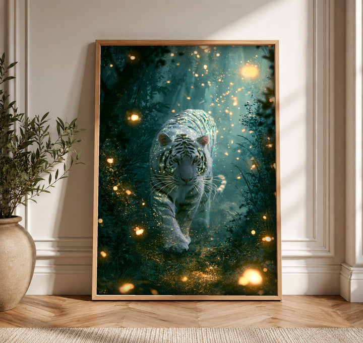 Enchanted Forest Art, White Tiger Print, Magical Woodland