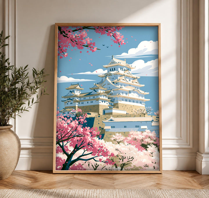 Japan Travel Poster, Himeji Castle Sakura, Cherry Blossom Print