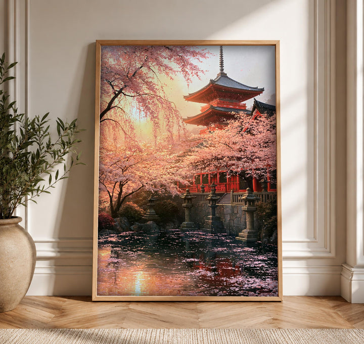 Japanese Temple Art, Sakura Pagoda Kyoto Decor