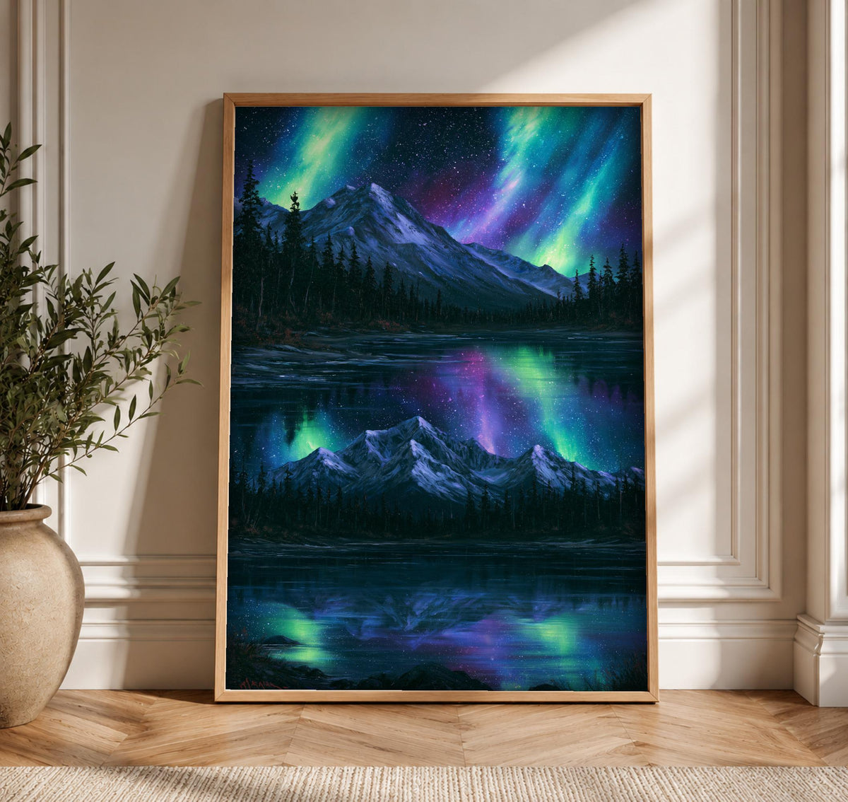 Enchanted Forest Art, Aurora Night Sky Mountain Lake
