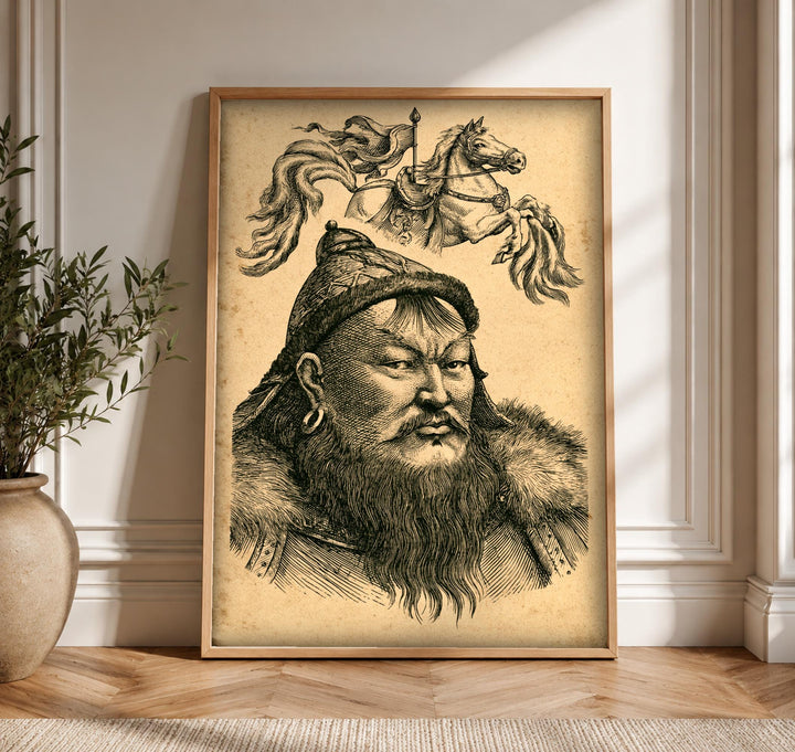 Mongol Khan Portrait, Genghis Khan Engraving, Historic Wall Decor