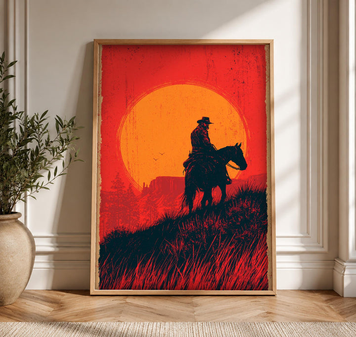 Retro Wall Art, Frontier Cowboy Sunset, Americana Western Print