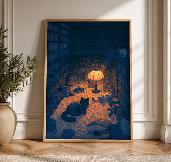 Black Cat Wall Art, Moody Bookshelf Scene, Gothic Decor