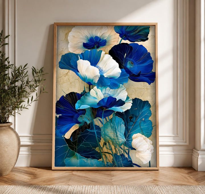 Botanical Art, Blue Poppy Floral Painting, Vintage Wall Decor
