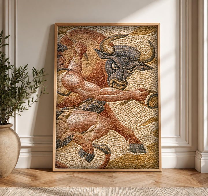 Pompeii Art, Roman Mosaic Bull Wrestling, Ancient