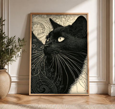 Black Cat Wall Art, Woodblock Print, Gothic Home Decor
