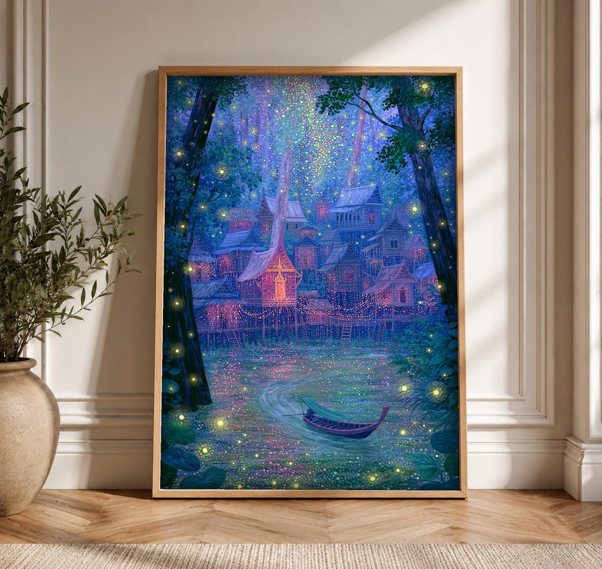 Enchanted Forest Art, Ancient Thai Village Firefly River Print