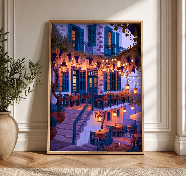 Ancient Greek Art, Aegean Taverna Evening Scene, Travel Print