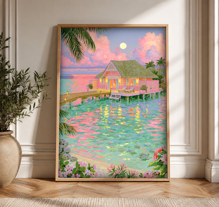 Retro Travel Poster, Tropical Paradise Bungalow, Coastal Wall Decor