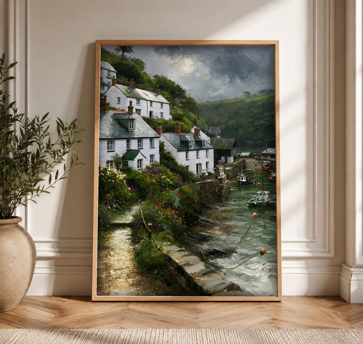 Coastal Wall Decor, Cornish Harbour Village Print, Oil Painting