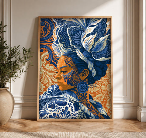 Mexican Folk Art, Tehuana Woman Portrait, Cultural Decor