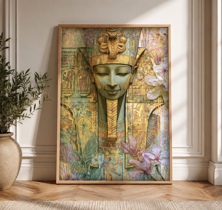 Ancient Egypt Art, Pharaoh Queen Bust Print, Golden Hieroglyphic Decor