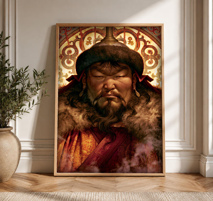 Genghis Khan Art, Mongol Empire Portrait, Medieval Warrior Decor