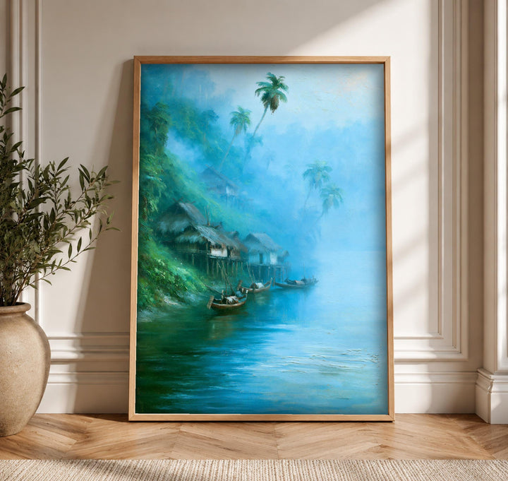 Asian River Art, Tropical Stilt Village Colonial Burma Print
