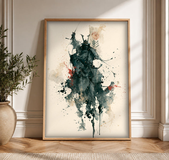 Samurai Wall Art, Japanese Warrior Print, Ink Splash Decor