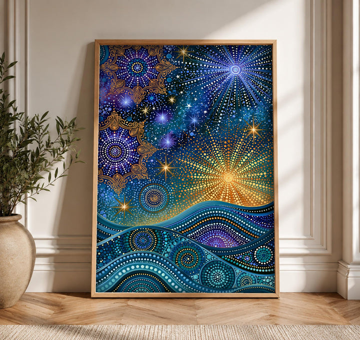 Celestial Star Map, Ancient Night Sky Folk Art, Vibrant Cultural Decor