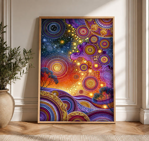 Aboriginal Dot Art, Dreamtime Songlines, Night Sky, Cultural Decor